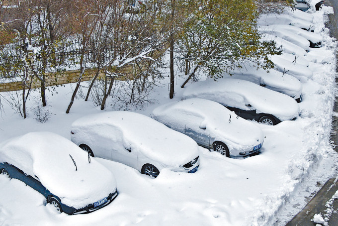 東北暴雪，瀋陽街上私家車被雪覆蓋。