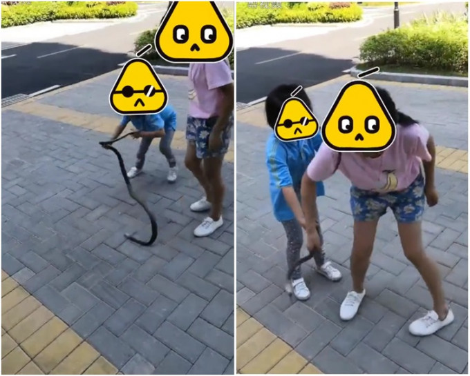 兩名小女孩徒手捉住一條蛇玩。