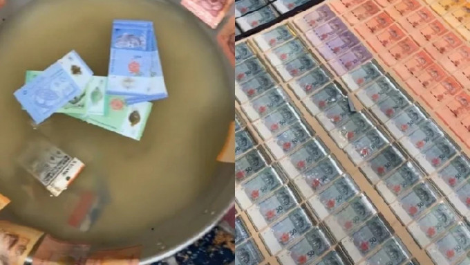 马国女网民将泡水的钞票清洗后重用。（网上图片）