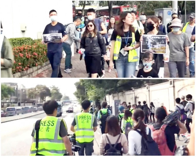 游行人士从九龙塘沙福道行至喇沙小学外。港台新闻截图