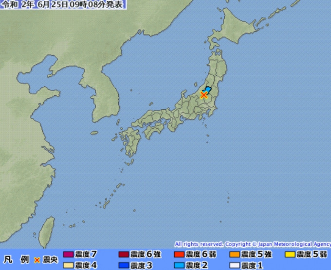地震达黎克特制6.2级。图：日本气象厅