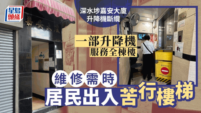 大廈唯一一部升降機被圍封，管理處稱不知何時進行維修。梁國封攝