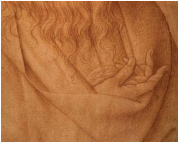 素描肖像顯示達文西的右手如鷹爪般，可能是神經痲痺。Museum of Gallerie dell'Accademia