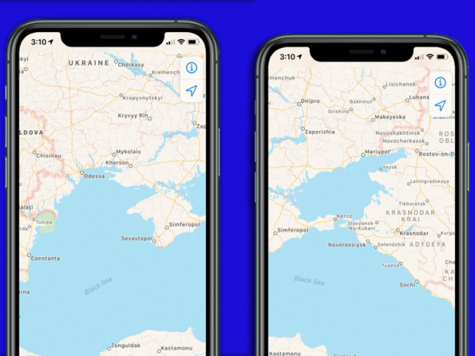 蘋果修改地圖將克里米亞列入俄羅斯。（網圖）