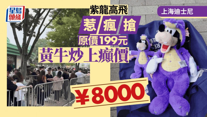 上海迪士尼新品「紫龙高飞」毛公仔开售即被抢购一空。网上即有人以8,000元放售。