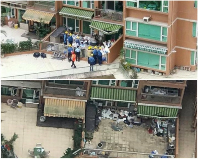 女子撞毀低層一單位的簷篷後，重傷倒卧平台花園內。將軍澳公開群組Facebook