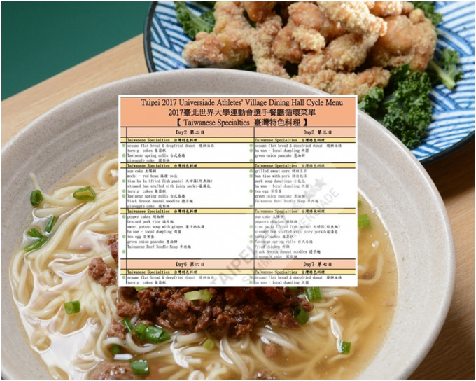 菜單內，台灣特色料理提供燒餅油條、小籠湯包、牛肉麵、肉圓、鹹酥雞、擔仔麵等。