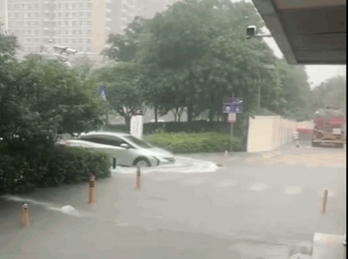 日前深圳暴雨下，汽车如开行在河中。
