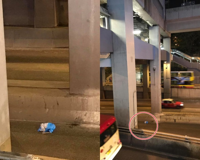 一名港媽被兒子氣得，一時失手將大袋垃圾拋下天橋。網民Christy Nga圖片