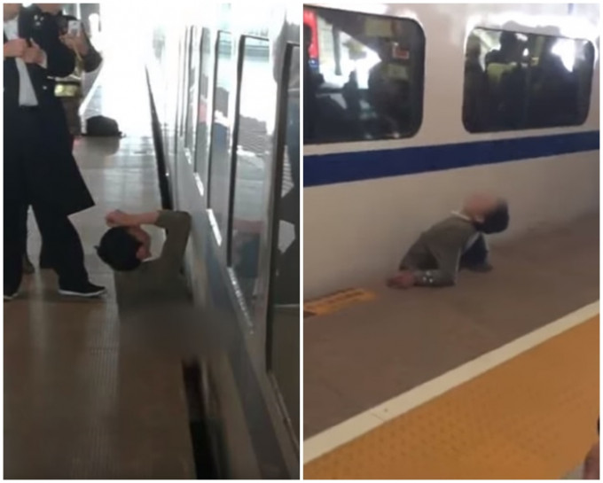 男子橫越軌道後試圖翻身上月台，卻反被列車夾住。網圖