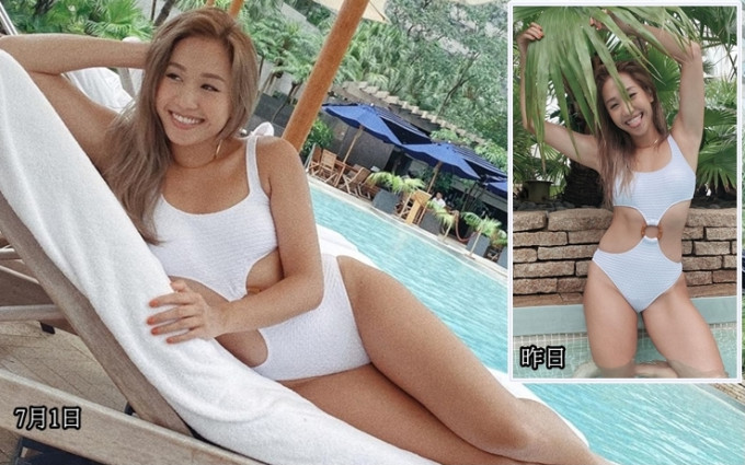 邓颖芝穿上同一泳衣到同一酒店。