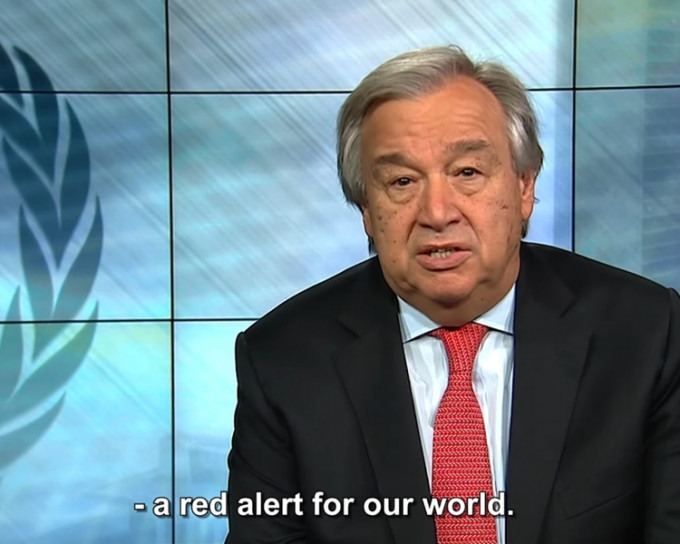 联合国秘书长古特雷斯于新年致辞中向世界发出「红色警报」。网图