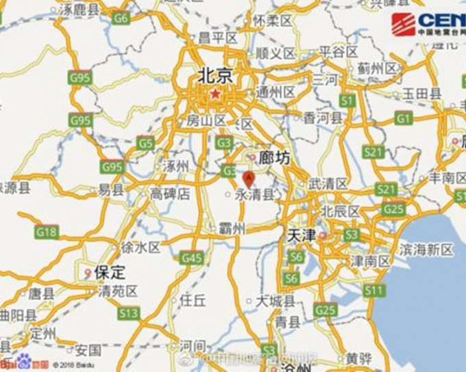 震央位于河北廊坊市永清县附近。