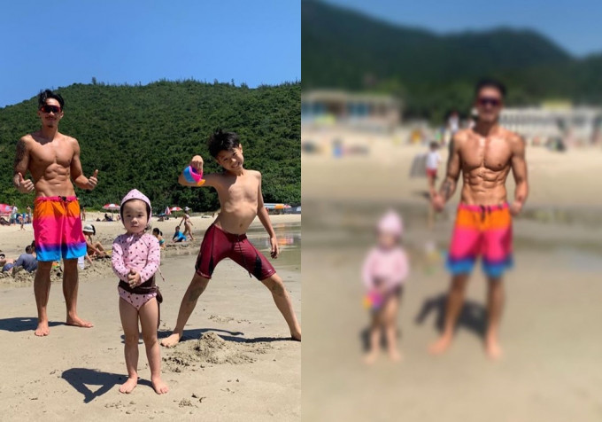 张继聪带子女到沙滩享受Daddy Time，不忘晒肌。