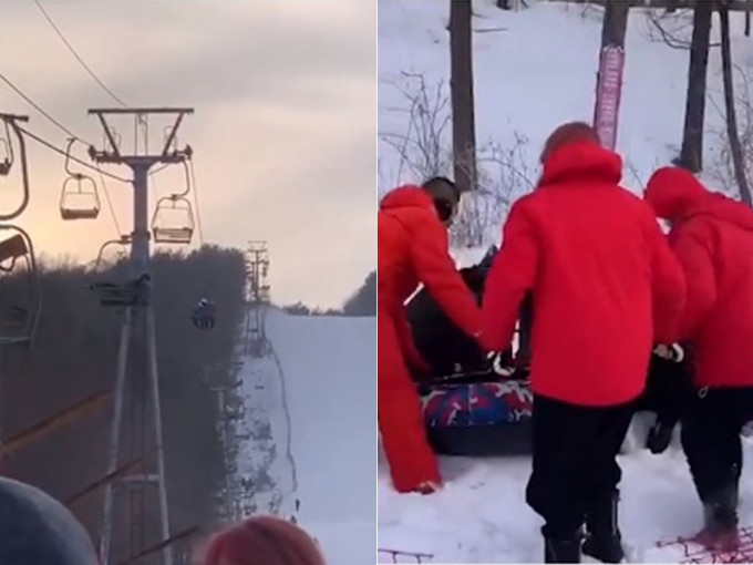 左图:缆车上游客半天吊；救援人员(红衣)救助伤者。 网图