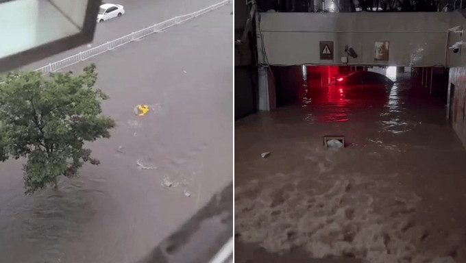 廣州暴雨，網傳外賣小哥游泳前行，有停車場幾乎被淹沒。