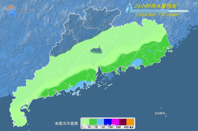 预测6至7日，广东省中南部县市多云转中到大雨局部暴雨。广东省气象台图片