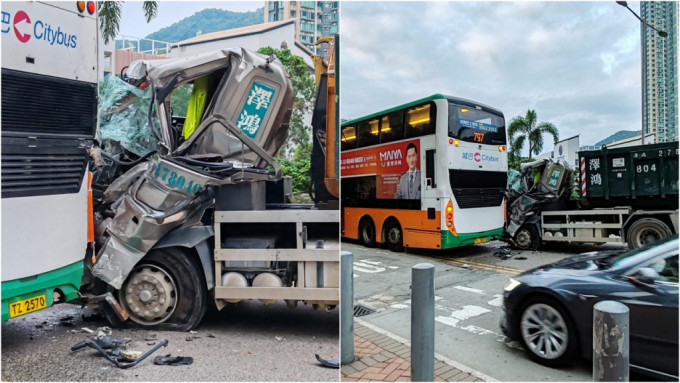 將軍澳環保大道泥頭車撼巴士 車頭乘客位淪廢鐵 司機險死一度被困