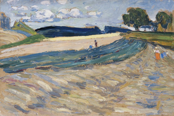 康定斯基的風景畫作《Landschaft mit gelbem Feld》。