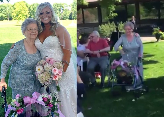 92岁嫲嫲在孙女婚礼上当花女，推著轮椅撒花瓣。