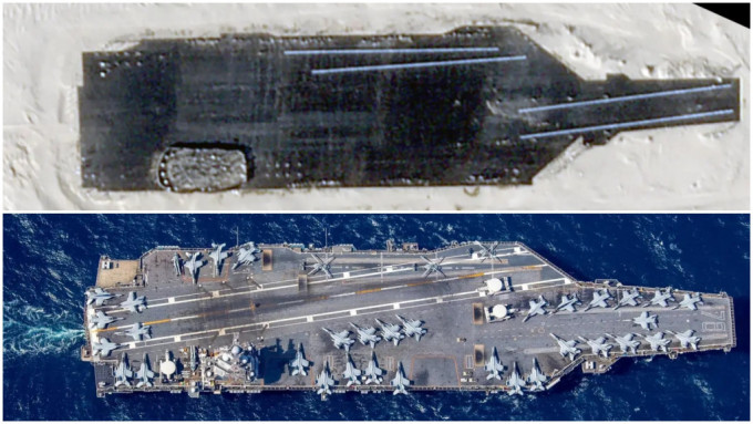 上面的中國沙漠靶艦和下面的「福特號」是高度相似。