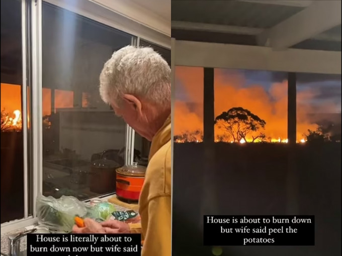 男子在窗前看到邻近田野熊熊燃烧的大火的同时，十分平静地准备晚餐。网图