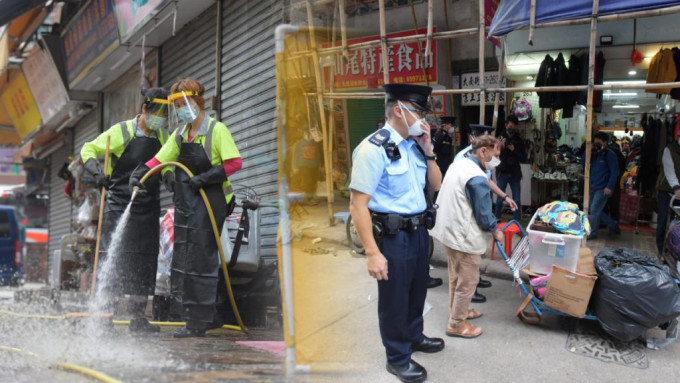 警方和食環人員在大南街一帶掃蕩地攤。