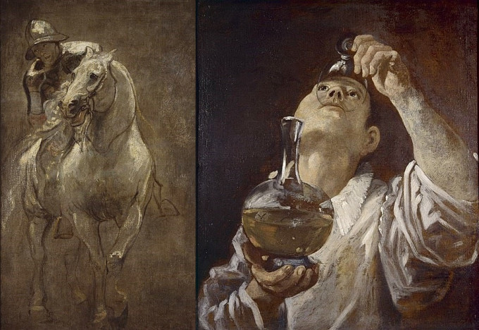 范戴克的《馬背上的士兵》（左）及卡拉奇　的《喝酒的男孩》（右）。