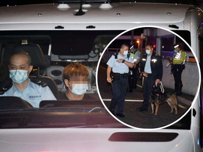 染金发的私家车司机涉嫌酒后驾驶被捕，警方带同缉毒犬搜查车辆。