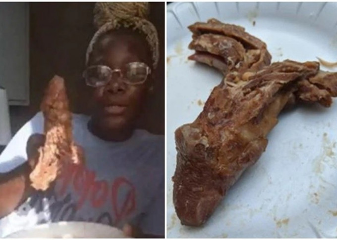 美国妇人拉米亚在超市购得一件看似「下体」的肉品(右)吓得报警，后来证实只是虚惊一场。网图