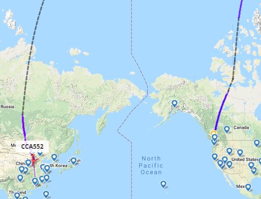 包机航线飞越北极，没有经过美国领空。Flightrader图片