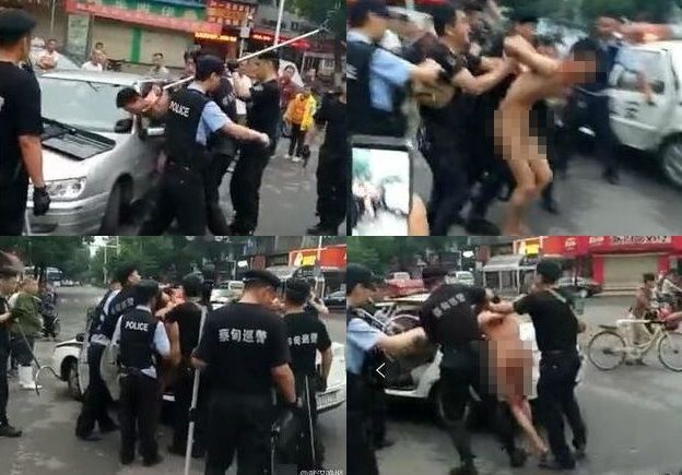 武汉一名赤裸男子乱刀袭途人，造成一死3伤，事后被警方拘捕。