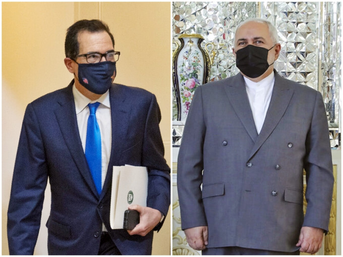 美国财长姆钦（左），伊朗外长扎里夫（右）。AP图片
