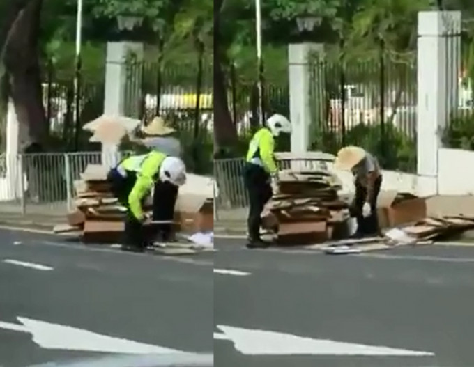 交通警主动为路人执拾跌在马路边的纸皮，放回手推车上，被网民激赞。影片截图