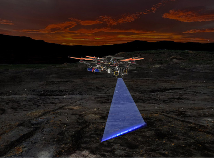自动激光扫描无人机系统在夜间寻找化石、矿物和生物目标(此为模拟图片)。图片提供：Thomas G Kaye和文嘉棋。