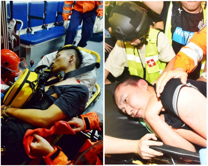 在机场被示威者打伤的两名男子。图右为付国豪。资料图片