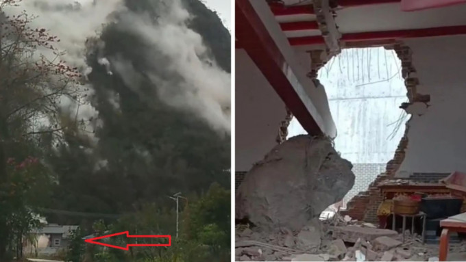 惠州岩子村祠堂遭10吨巨石击毁。