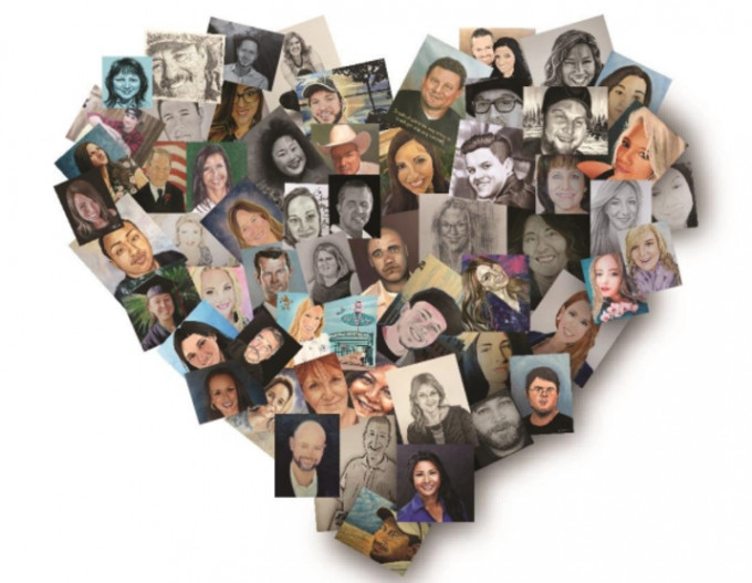 來自全球的藝術家為去年拉斯維加斯槍擊案的58名死者製作肖像。網圖
