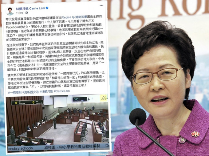 林郑月娥指香港近年被假仁假义的口号和文宣害得惨。小图为林郑月娥fb截图