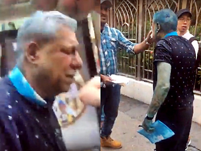 Mohan Chugani昨日被藍色水劑射中。譚文豪Facebook影片截圖。