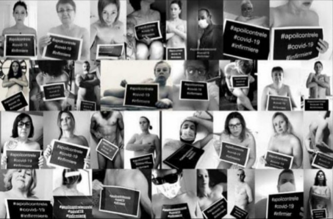 法國的醫護人員發起拍裸照的活動抗議政府提供的醫護設備嚴重不足。(Twitter圖)