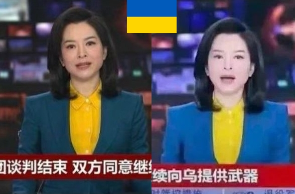 央視主播外套原為墨綠色(左),被人調為藍色(右),更近似烏克蘭國旗色。