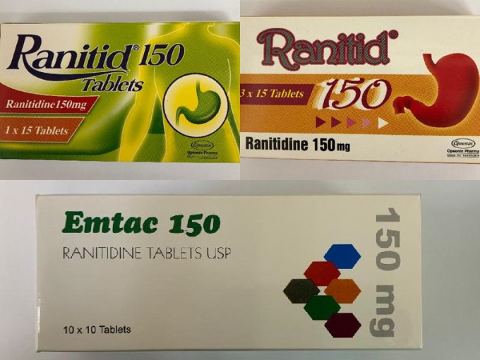 分別是友華的150毫克「Emtac 150藥片」；
合誠的150毫克「Ranitid 150藥片」。衞生署圖
