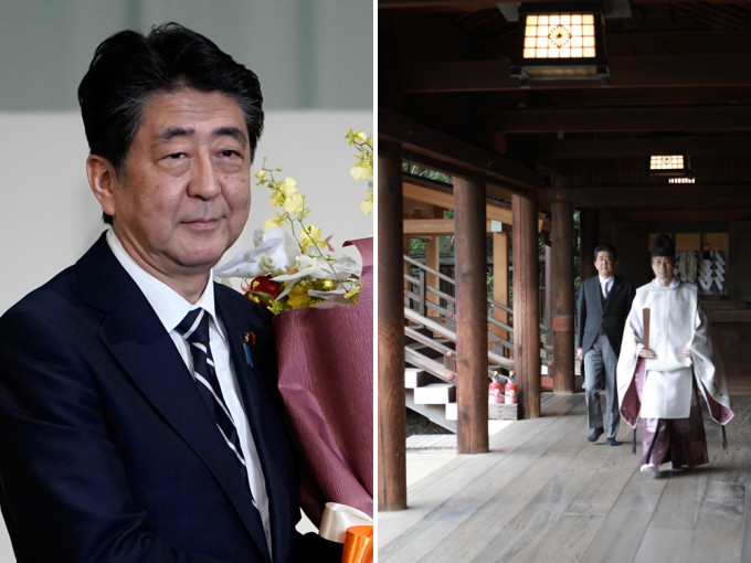 日本前首相安倍晉三繼上月參拜靖國神社，再次到靖國神社參拜。AP圖片