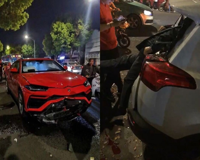 林寶堅尼(左)車頭損毀、電單車司機遭撞飛插入車窗(右)。網圖