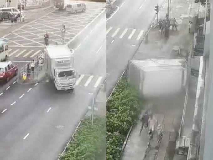 货车甩尾险撞途人。影片截图