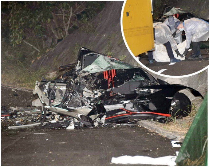林寶堅尼跑車撞成廢鐵，41歲司機當場死亡。（小圖：仵工將死者遺體工送往殮房。）
