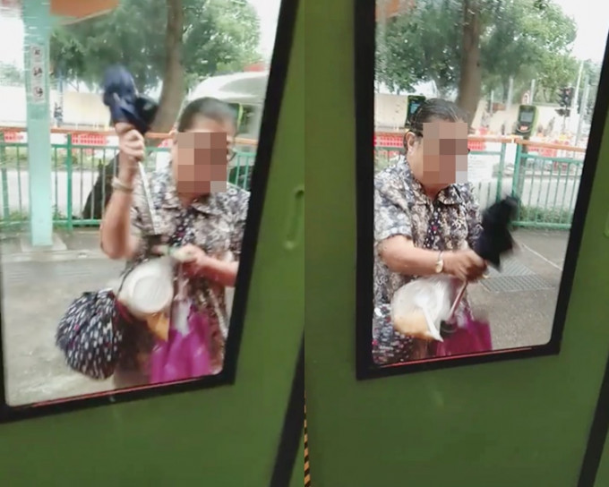 大媽因為趕不上車，竟然以雨傘作為武器，敲打車門玻璃。網民Yu Mui影片截圖