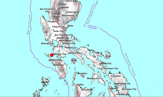 地震发生在马尼拉南方八打雁省外海。