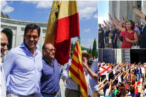 民眾展示佛朗哥管治時期的西班牙國旗，並有人做出法西斯主義的手勢。（網圖）